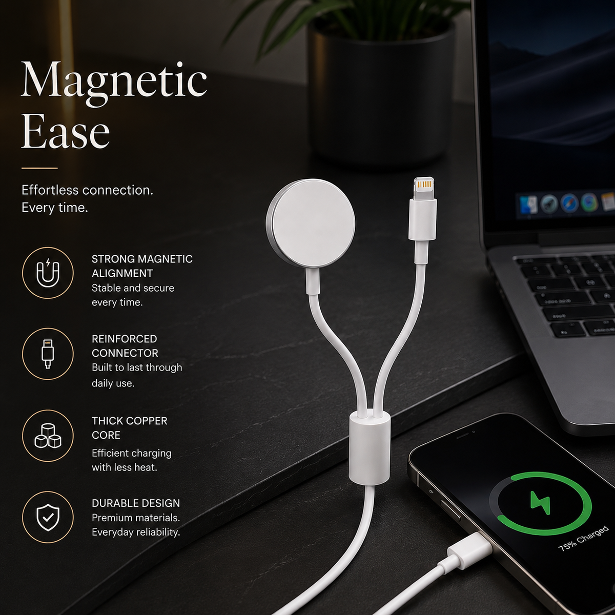 Premium 2-in-1 Magnetic Wireless Charger Cable USB-A Fast Charging Cord Strong Magnetic Alignment Smart Chip Protection Portable Charging Cable
