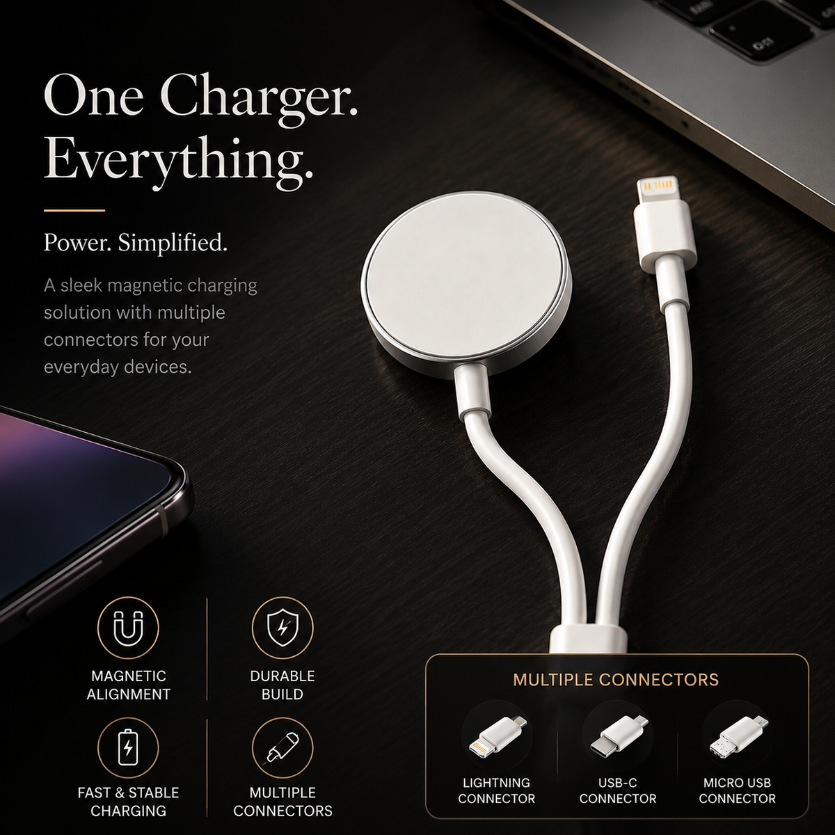 Premium 2-in-1 Magnetic Wireless Charger Cable USB-A Fast Charging Cord Strong Magnetic Alignment Smart Chip Protection Portable Charging Cable