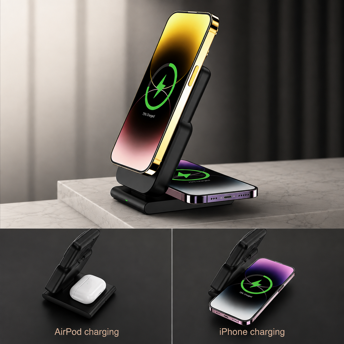 Premium 3-in-1 Magnetic Wireless Charging Station Qi Charger Portable Power Bank Foldable Charging Dock USB Type C Fast Charging Pad iPhone Compatible