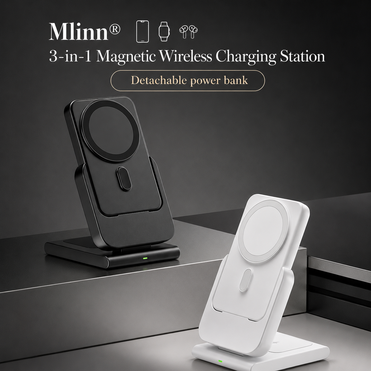 Premium 3-in-1 Magnetic Wireless Charging Station Qi Charger Portable Power Bank Foldable Charging Dock USB Type C Fast Charging Pad iPhone Compatible