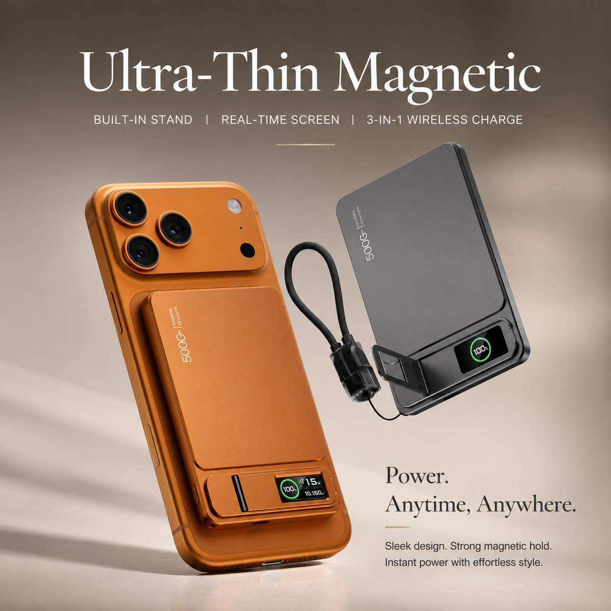 Premium 3-in-1 Magnetic Wireless Power Bank 20W Fast Charging Portable Battery Built-In Stand Digital Display Watch Charger Compatible with iPhone