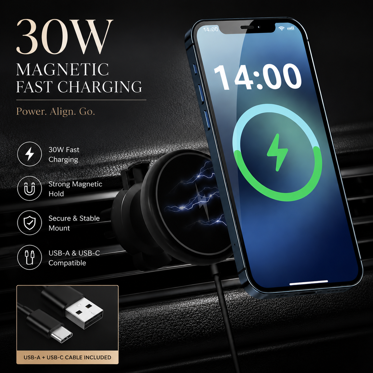 Premium 30W Magnetic Wireless Car Charger Fast Charging Phone Holder Dashboard Air Vent Mount 360° Rotation Smart Chip Anti-Slip Compatible with iPhone