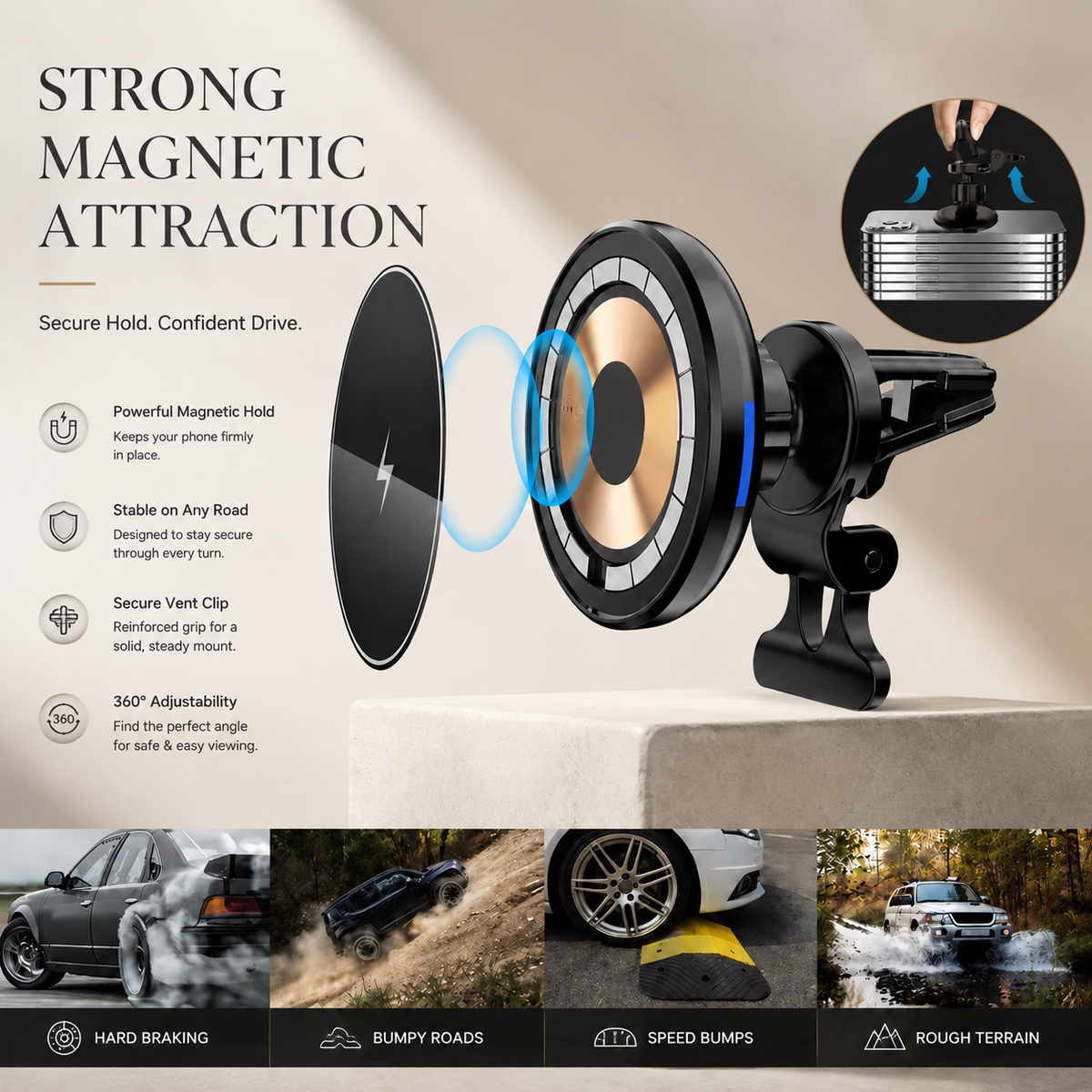 Premium 30W Magnetic Wireless Car Charger Fast Charging Phone Holder Dashboard Air Vent Mount 360° Rotation Smart Chip Anti-Slip Compatible with iPhone
