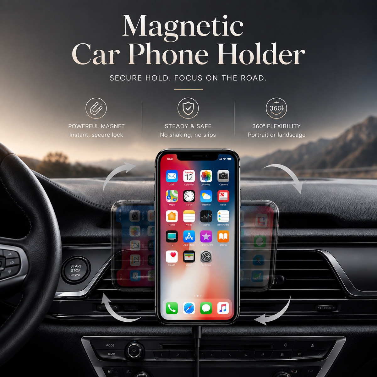 Premium 30W Magnetic Wireless Car Charger Fast Charging Phone Holder Dashboard Air Vent Mount 360° Rotation Smart Chip Anti-Slip Compatible with iPhone