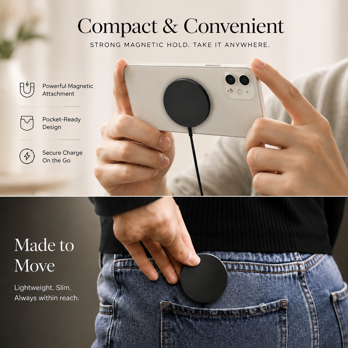 Premium 30W Magnetic Wireless Charger Pad Fast Charging MagSafe Compatible Charger USB-C PD USB-A Non-Slip Slim Portable Charging Stand iPhone