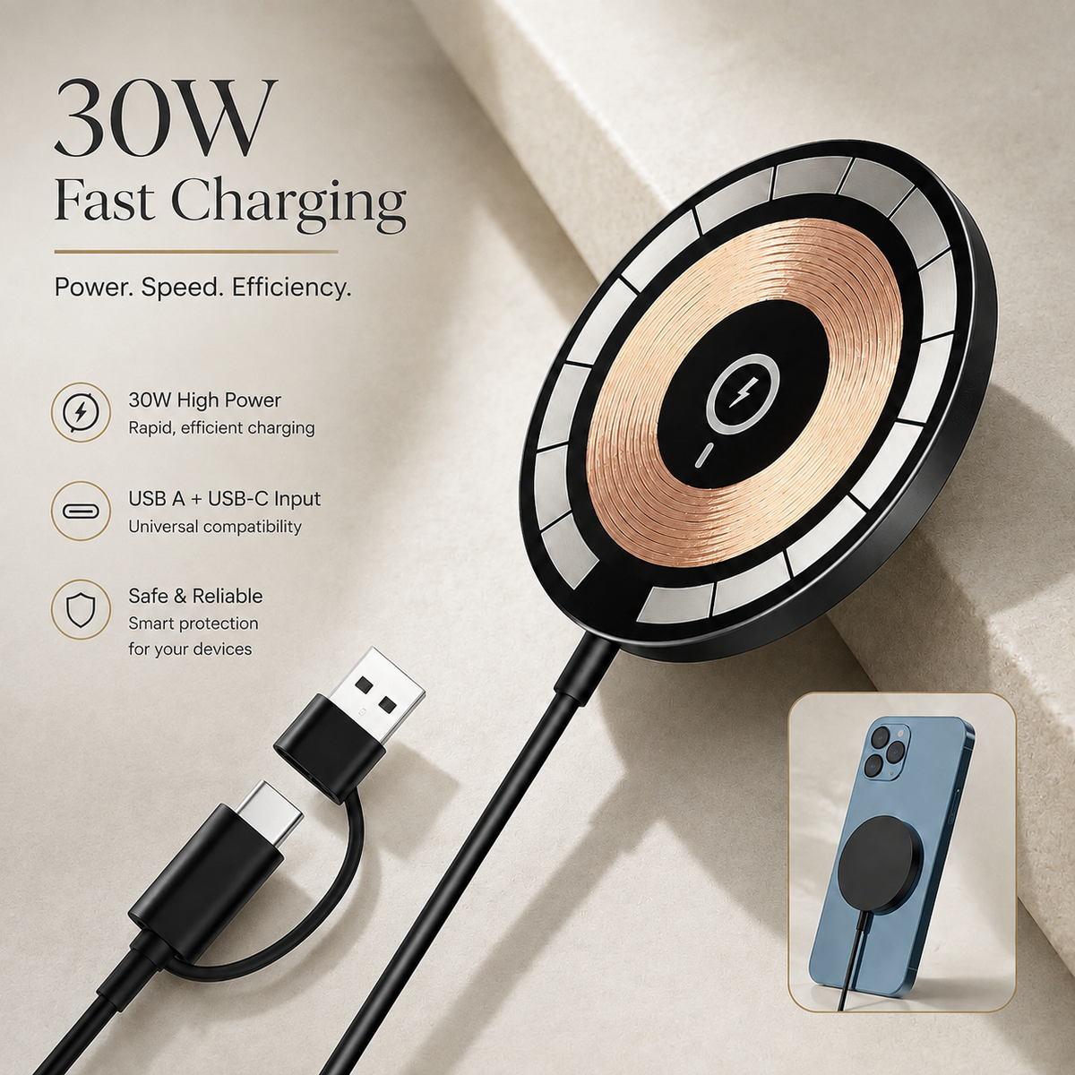 Premium 30W Magnetic Wireless Charger Pad Fast Charging MagSafe Compatible Charger USB-C PD USB-A Non-Slip Slim Portable Charging Stand iPhone