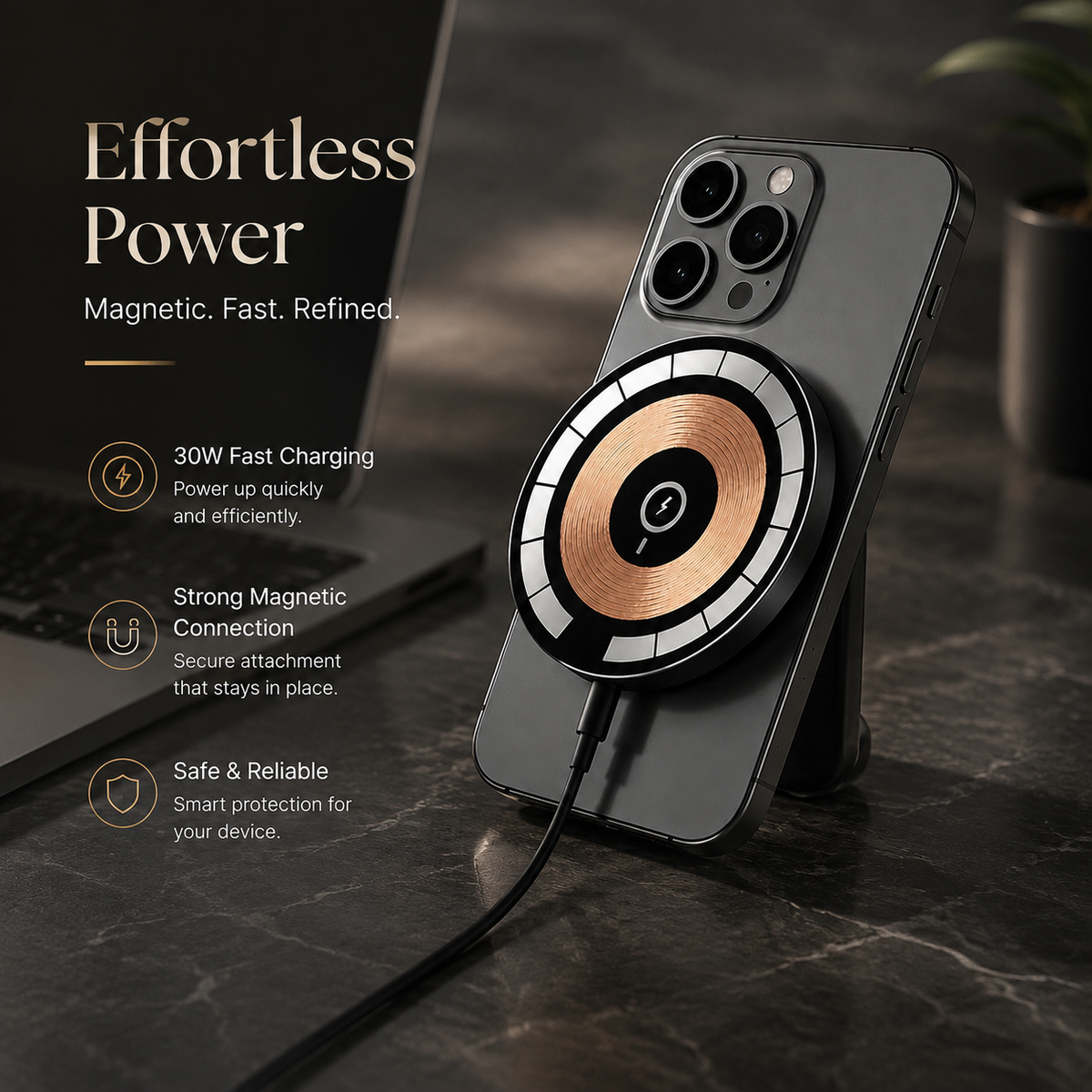 Premium 30W Magnetic Wireless Charger Pad Fast Charging MagSafe Compatible Charger USB-C PD USB-A Non-Slip Slim Portable Charging Stand iPhone