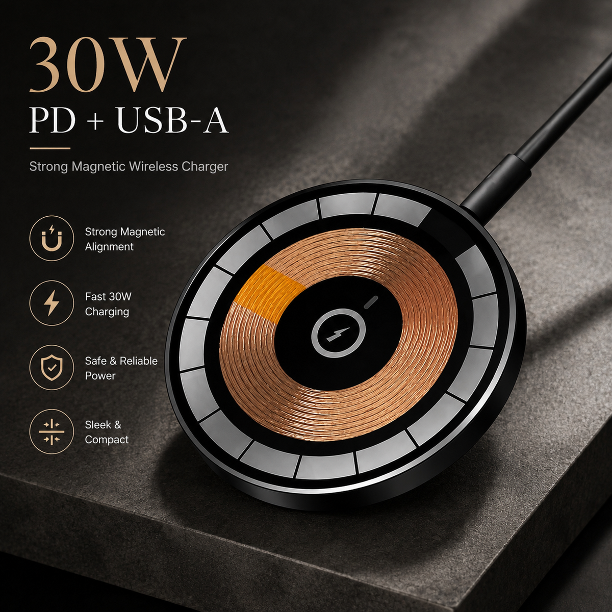Premium 30W Magnetic Wireless Charger Pad Fast Charging MagSafe Compatible Charger USB-C PD USB-A Non-Slip Slim Portable Charging Stand iPhone