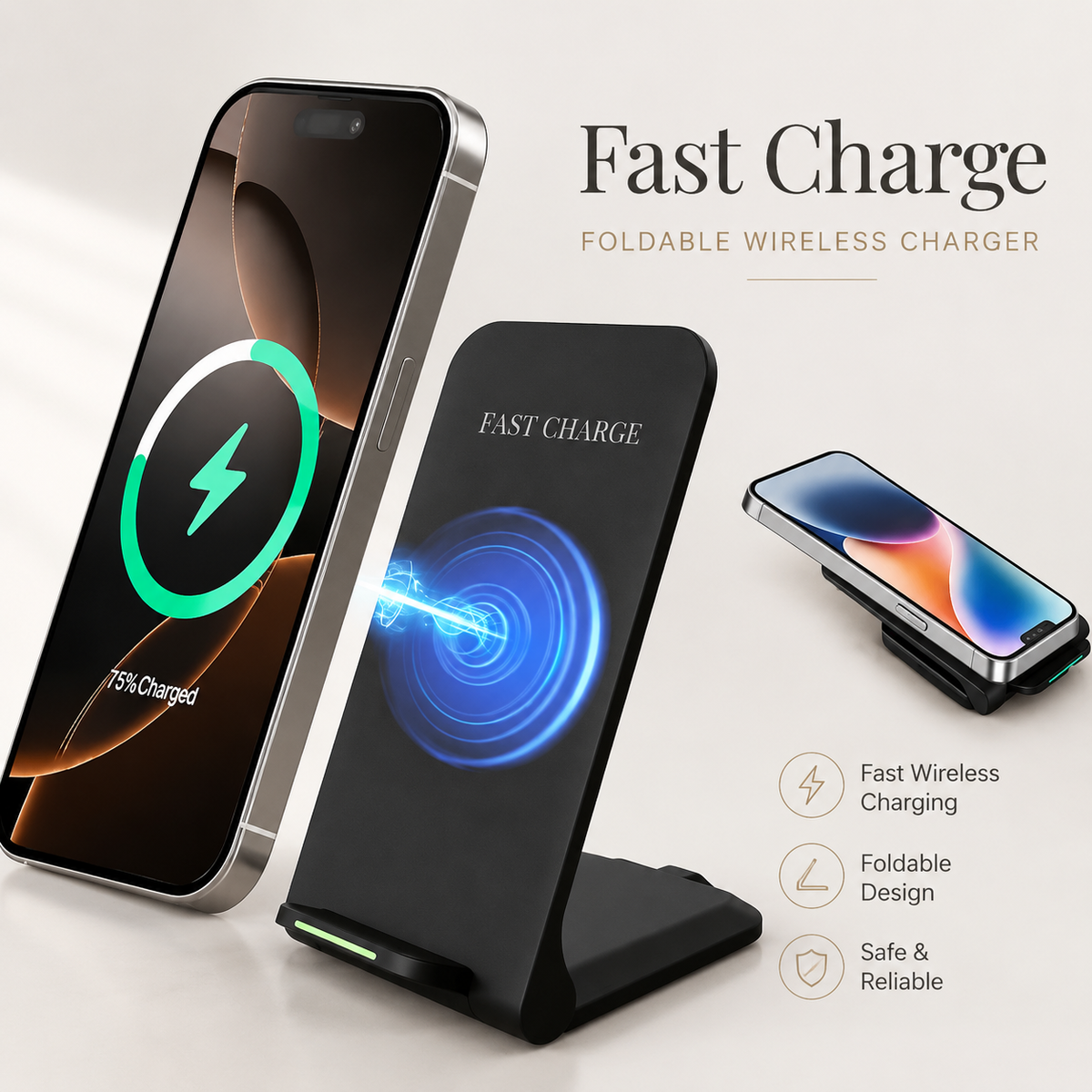 Premium 30W Wireless Charger Stand Fast Charging Foldable Phone Charging Stand USB-C Vertical Horizontal Viewing Compatible with iPhone Travel Design