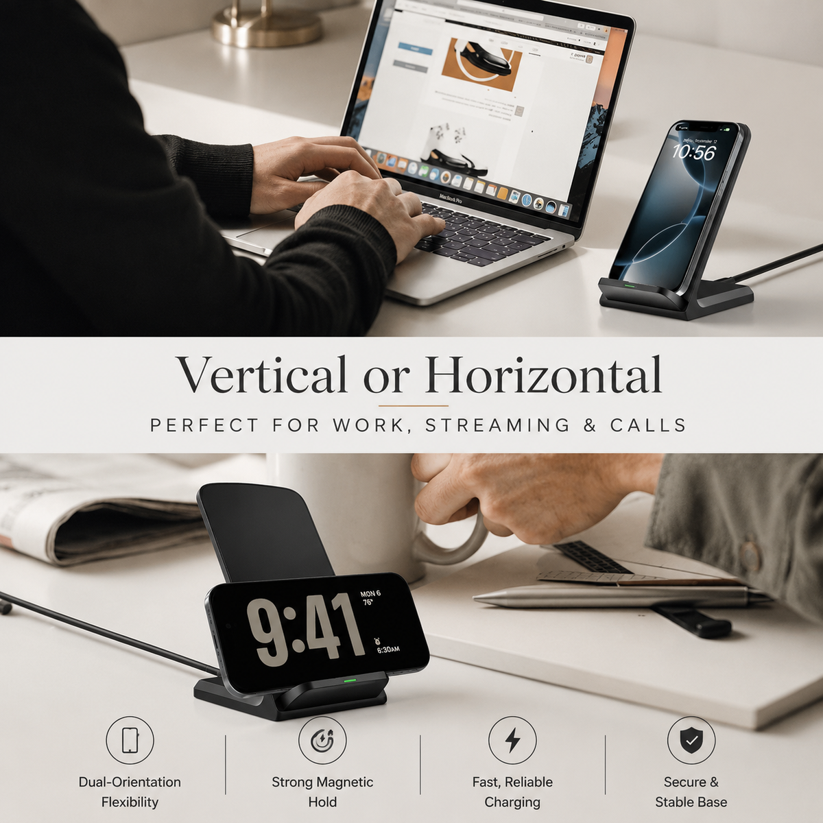 Premium 30W Wireless Charger Stand Fast Charging Foldable Phone Charging Stand USB-C Vertical Horizontal Viewing Compatible with iPhone Travel Design