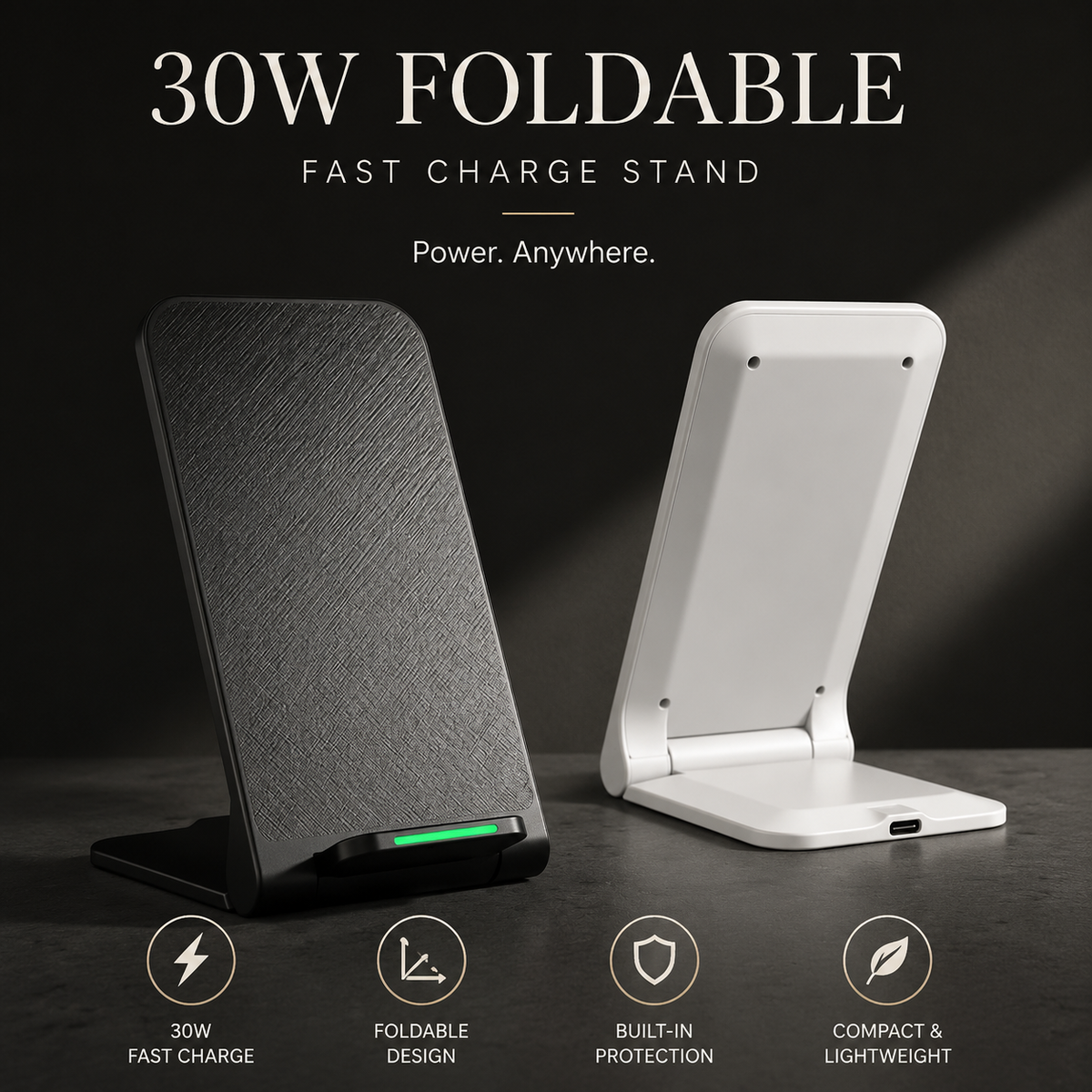 Premium 30W Wireless Charger Stand Fast Charging Foldable Phone Charging Stand USB-C Vertical Horizontal Viewing Compatible with iPhone Travel Design
