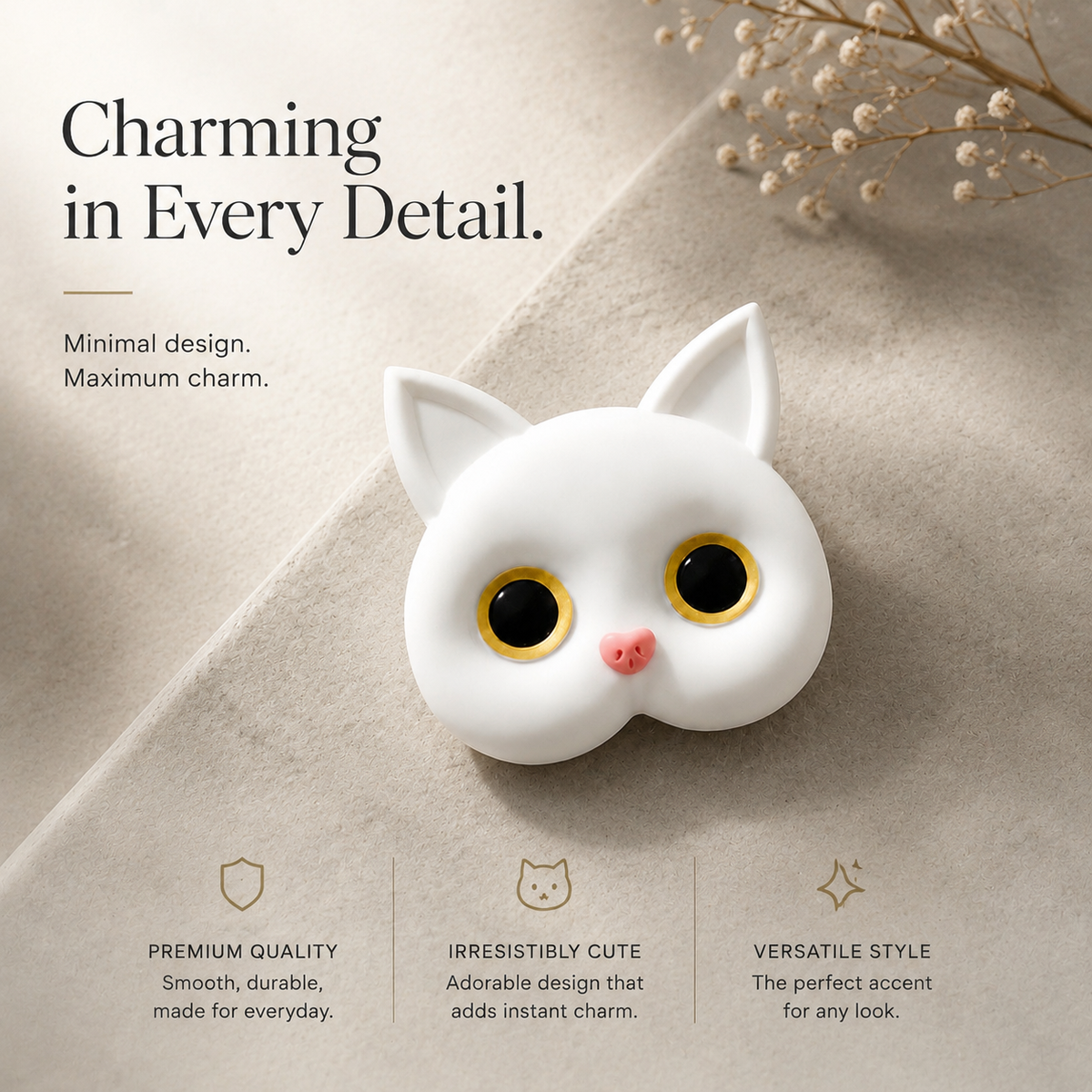 Premium 3D Cat Phone Grip Holder Foldable Rotating Phone Stand Finger Grip Air Cushion Grip Cute Cat Design Anti Slip Phone Accessory iPhone