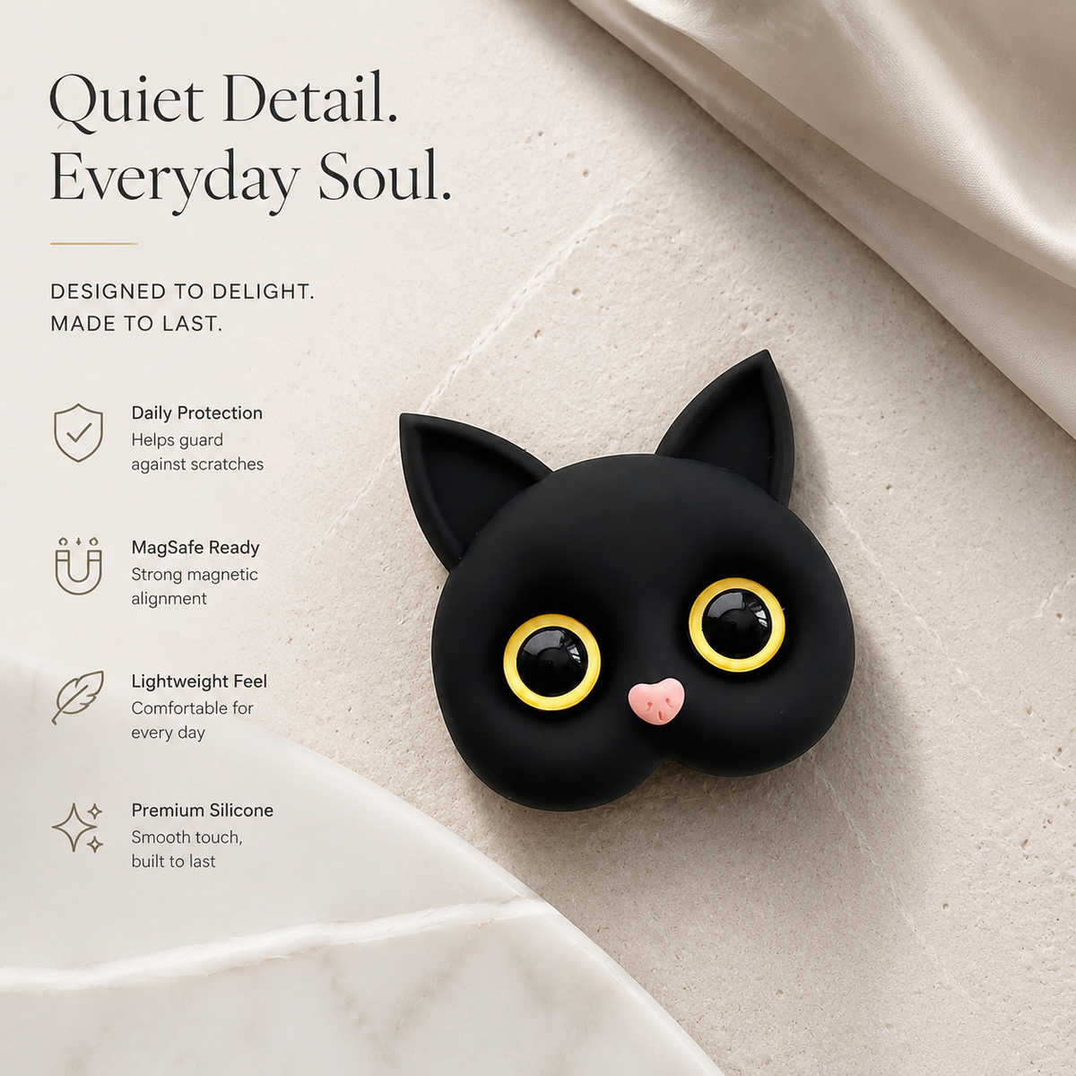 Premium 3D Cat Phone Grip Holder Foldable Rotating Phone Stand Finger Grip Air Cushion Grip Cute Cat Design Anti Slip Phone Accessory iPhone