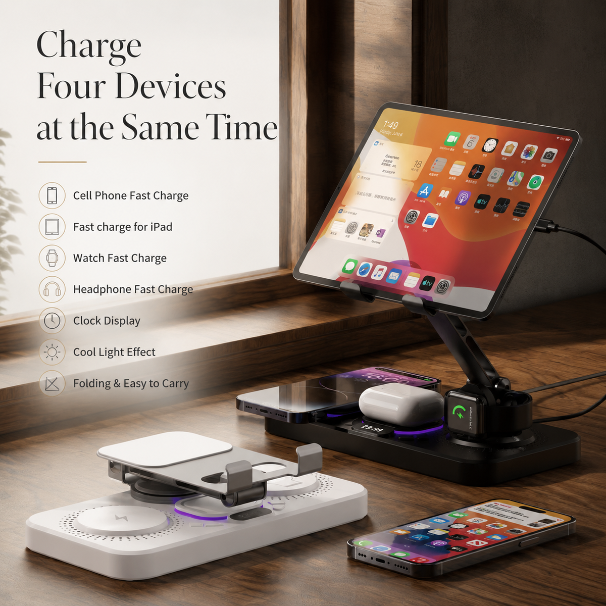 Premium 4-in-1 Magnetic Wireless Charging Station 15W Fast Charging Foldable Charger Stand for Phone Watch Earbuds LED Compatible with iPhone