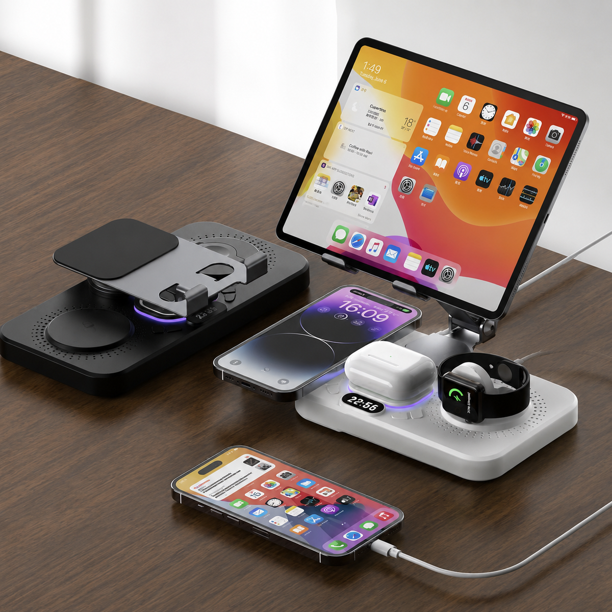 Premium 4-in-1 Magnetic Wireless Charging Station 15W Fast Charging Foldable Charger Stand for Phone Watch Earbuds LED Compatible with iPhone