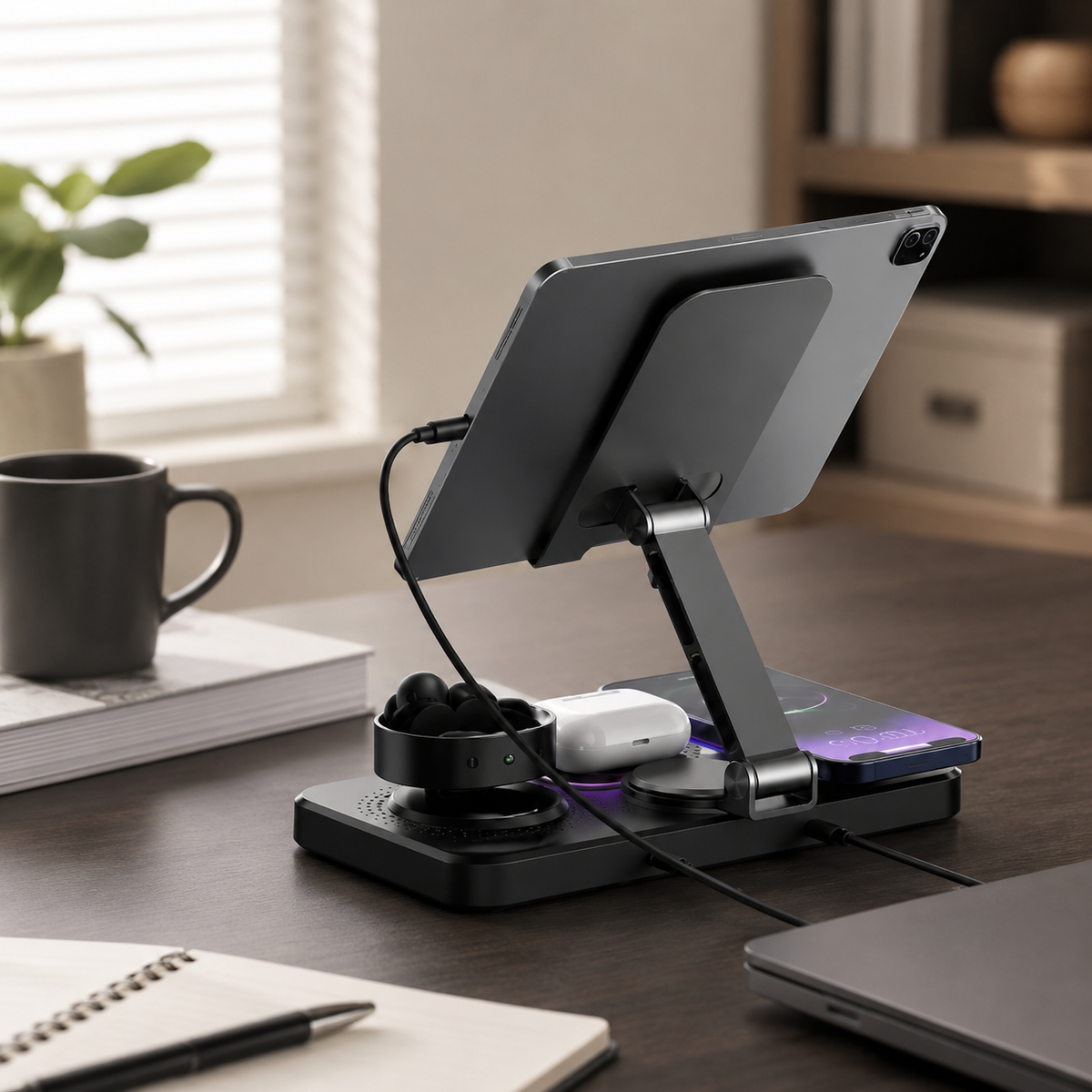 Premium 4-in-1 Magnetic Wireless Charging Station 15W Fast Charging Foldable Charger Stand for Phone Watch Earbuds LED Compatible with iPhone