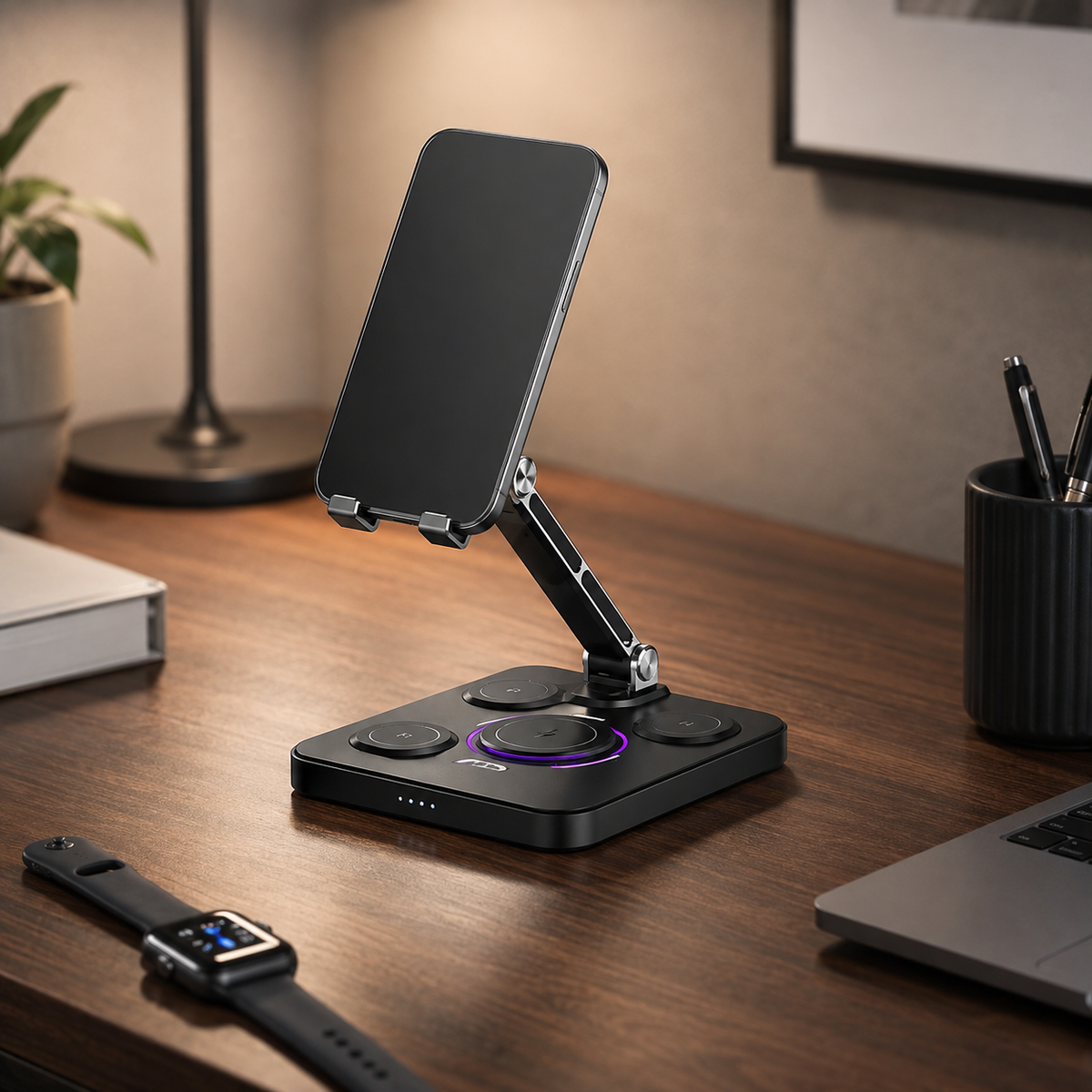 Premium 4-in-1 Magnetic Wireless Charging Station 15W Fast Charging Foldable Charger Stand for Phone Watch Earbuds LED Compatible with iPhone