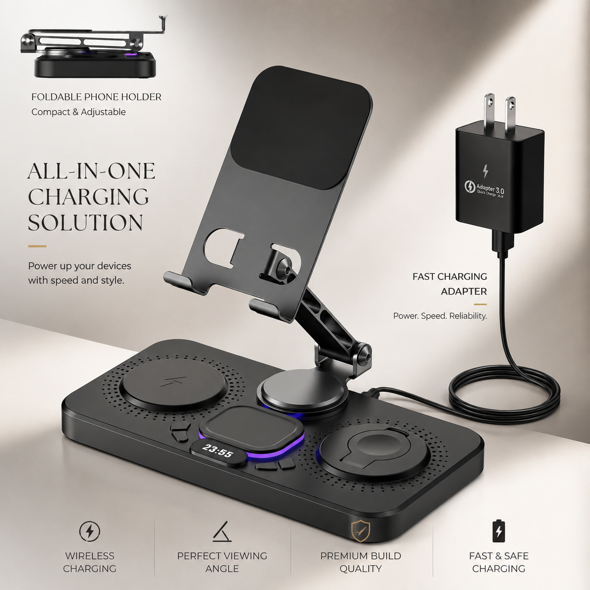 Premium 4-in-1 Magnetic Wireless Charging Station 15W Fast Charging Foldable Charger Stand for Phone Watch Earbuds LED Compatible with iPhone