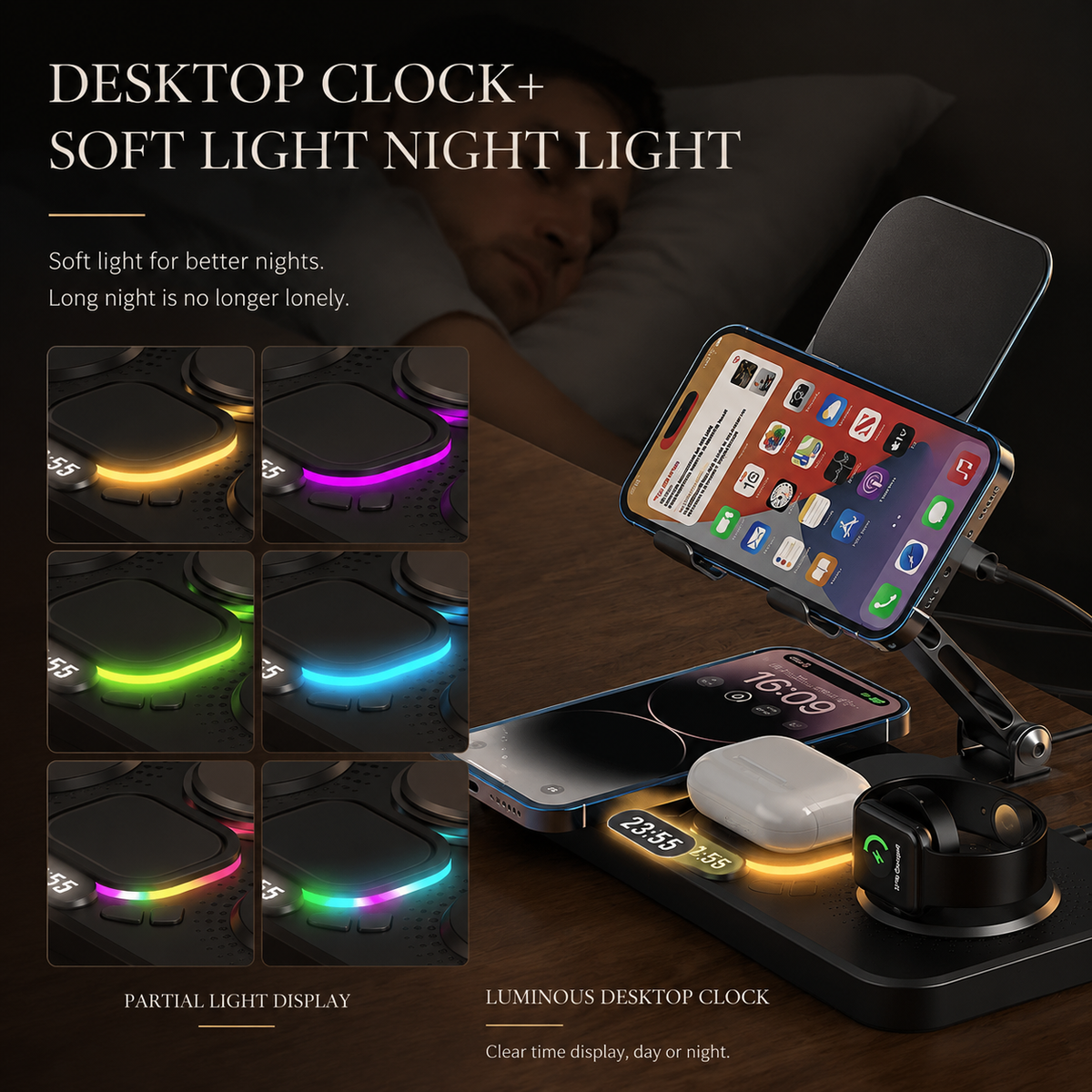 Premium 4-in-1 Magnetic Wireless Charging Station 15W Fast Charging Foldable Charger Stand for Phone Watch Earbuds LED Compatible with iPhone