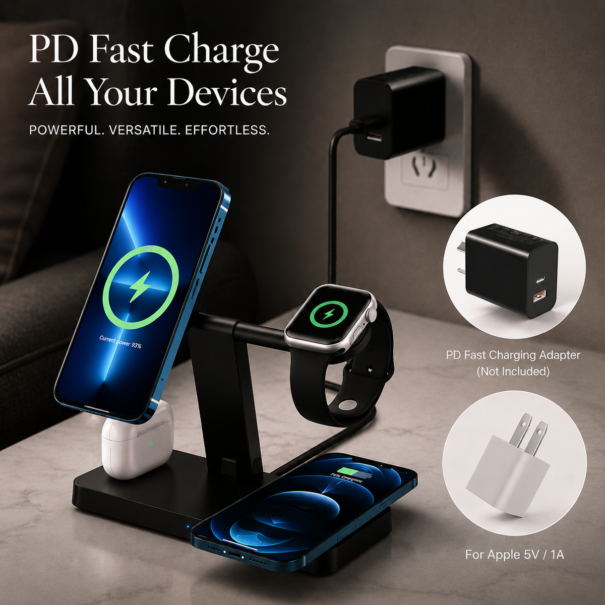 Premium 5-in-1 Magnetic Wireless Charging Station Qi Charger 30W Fast Charging Foldable Stand Multi Device USB Type C LED Night Light iPhone