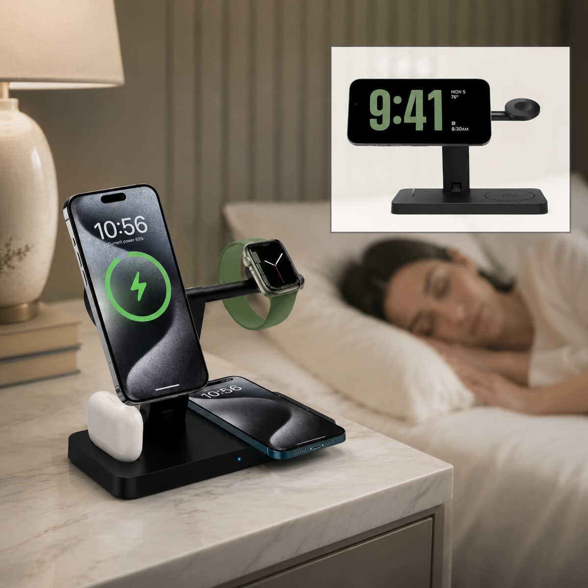 Premium 5-in-1 Magnetic Wireless Charging Station Qi Charger 30W Fast Charging Foldable Stand Multi Device USB Type C LED Night Light iPhone