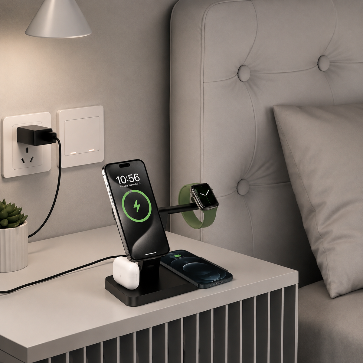 Premium 5-in-1 Magnetic Wireless Charging Station Qi Charger 30W Fast Charging Foldable Stand Multi Device USB Type C LED Night Light iPhone