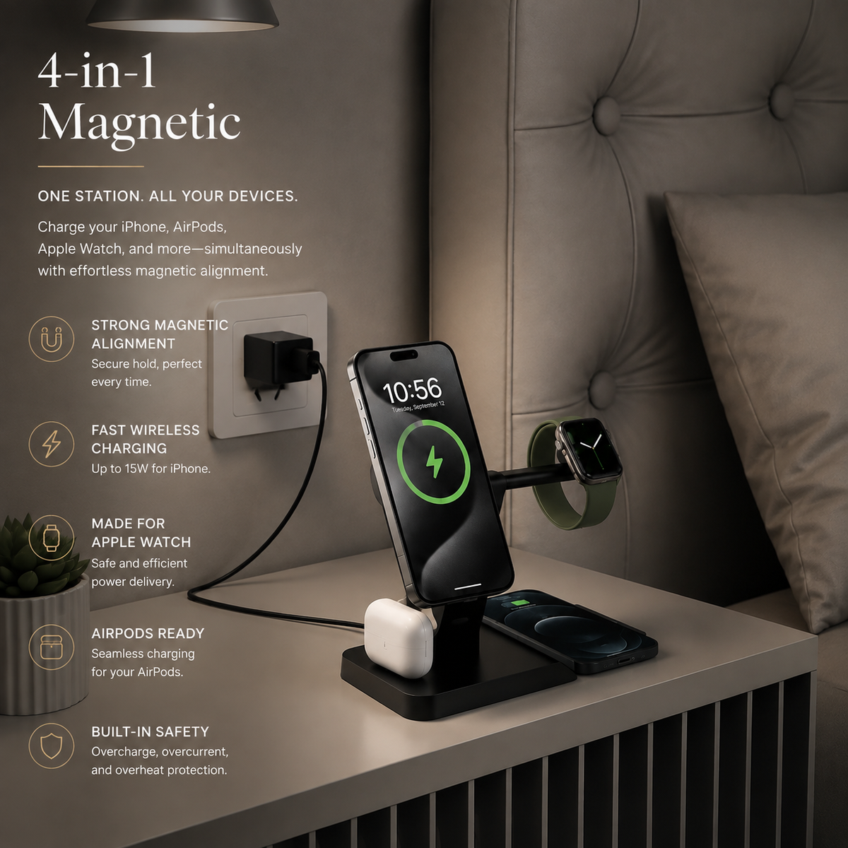 Premium 5-in-1 Magnetic Wireless Charging Station Qi Charger 30W Fast Charging Foldable Stand Multi Device USB Type C LED Night Light iPhone