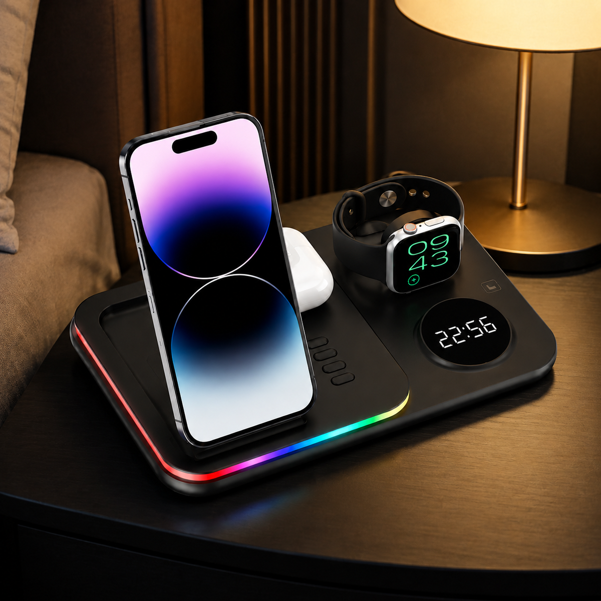 Premium 5-in-1 Wireless Charging Station Qi Charger 30W Fast Charging Foldable Dock RGB LED Alarm Clock USB Type C Multi Device Charging Stand iPhone
