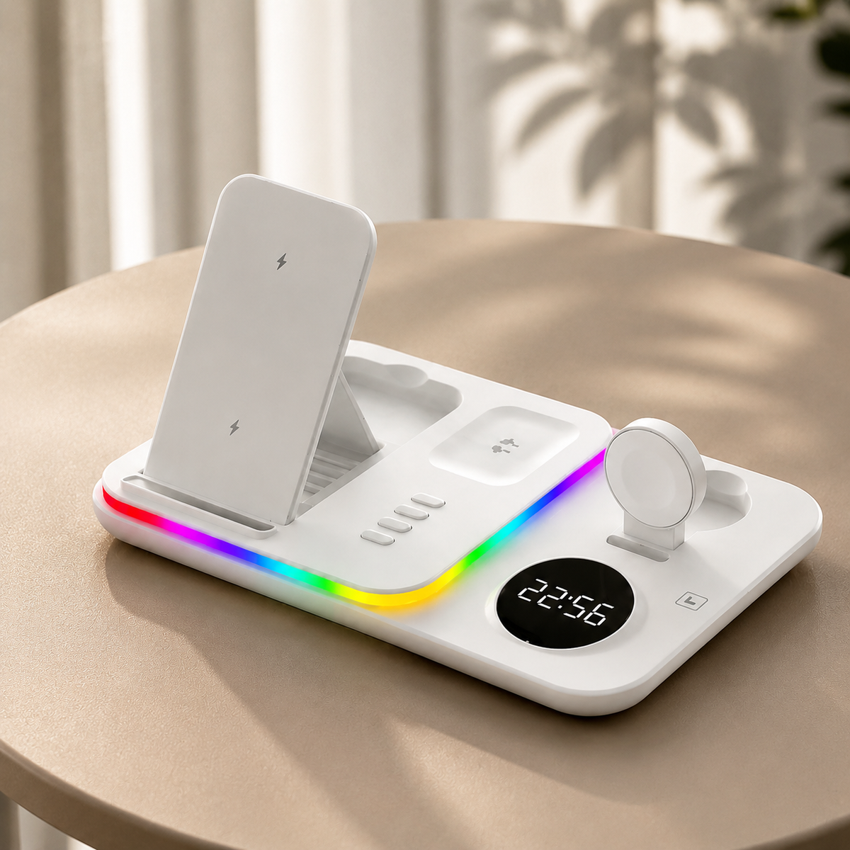 Premium 5-in-1 Wireless Charging Station Qi Charger 30W Fast Charging Foldable Dock RGB LED Alarm Clock USB Type C Multi Device Charging Stand iPhone