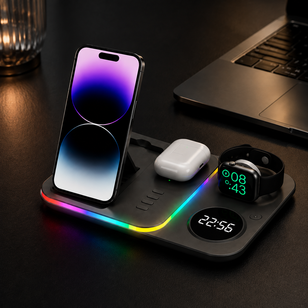 Premium 5-in-1 Wireless Charging Station Qi Charger 30W Fast Charging Foldable Dock RGB LED Alarm Clock USB Type C Multi Device Charging Stand iPhone