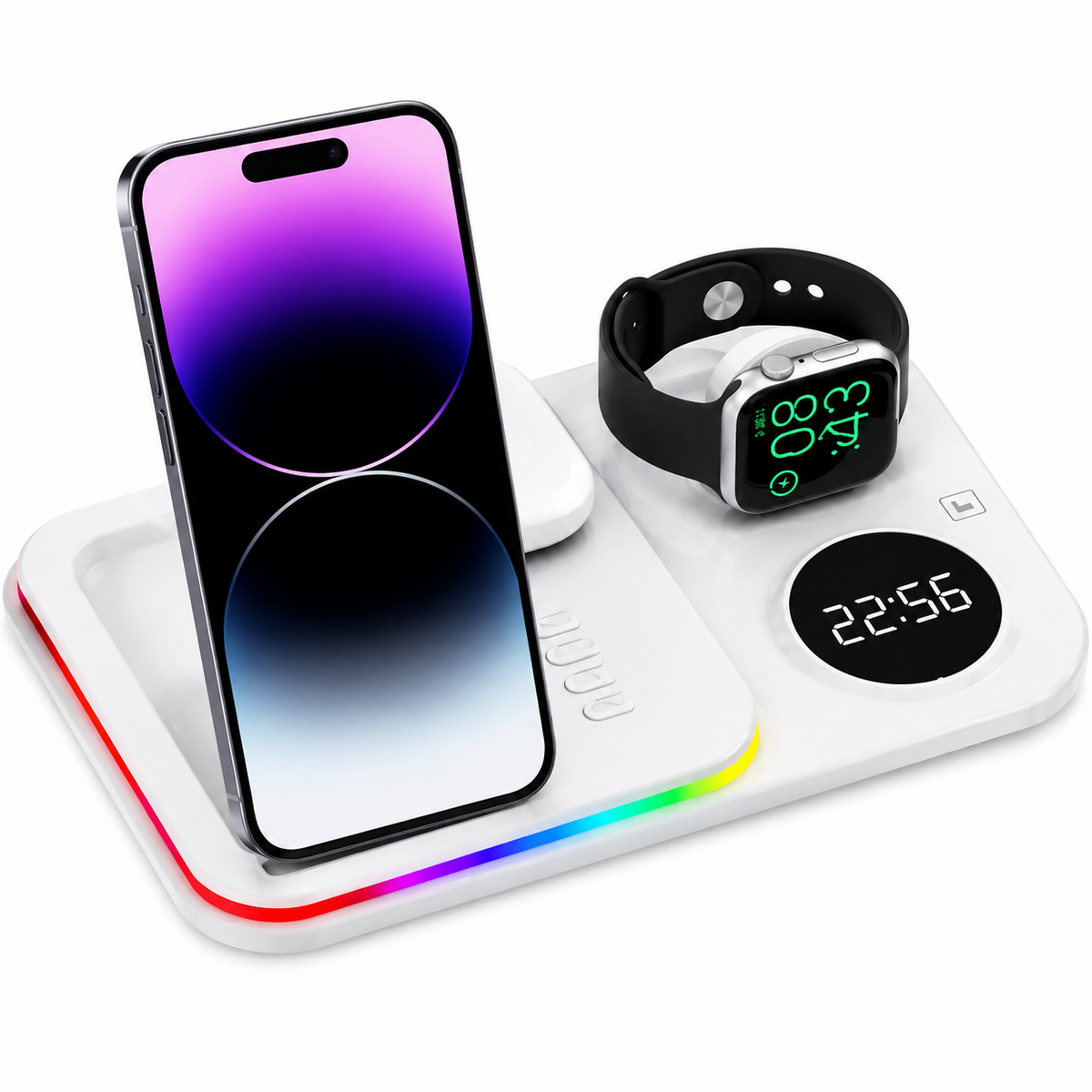 Premium 5-in-1 Wireless Charging Station Qi Charger 30W Fast Charging Foldable Dock RGB LED Alarm Clock USB Type C Multi Device Charging Stand iPhone
