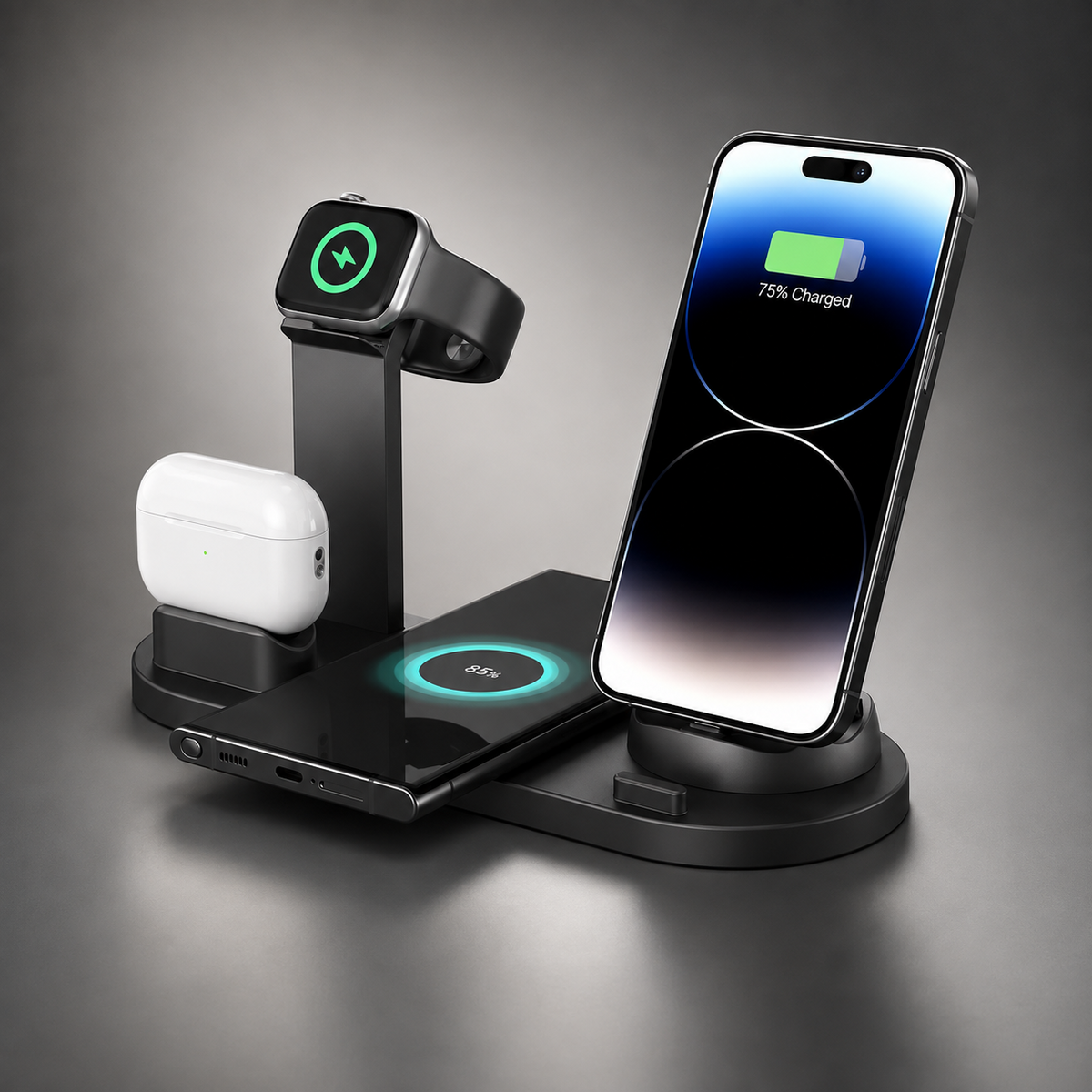 Premium 7-in-1 Wireless Charging Station Qi Charger Dock Multi Device Charging USB Type C Fast Charging Stand Smart Charging iPhone Compatible
