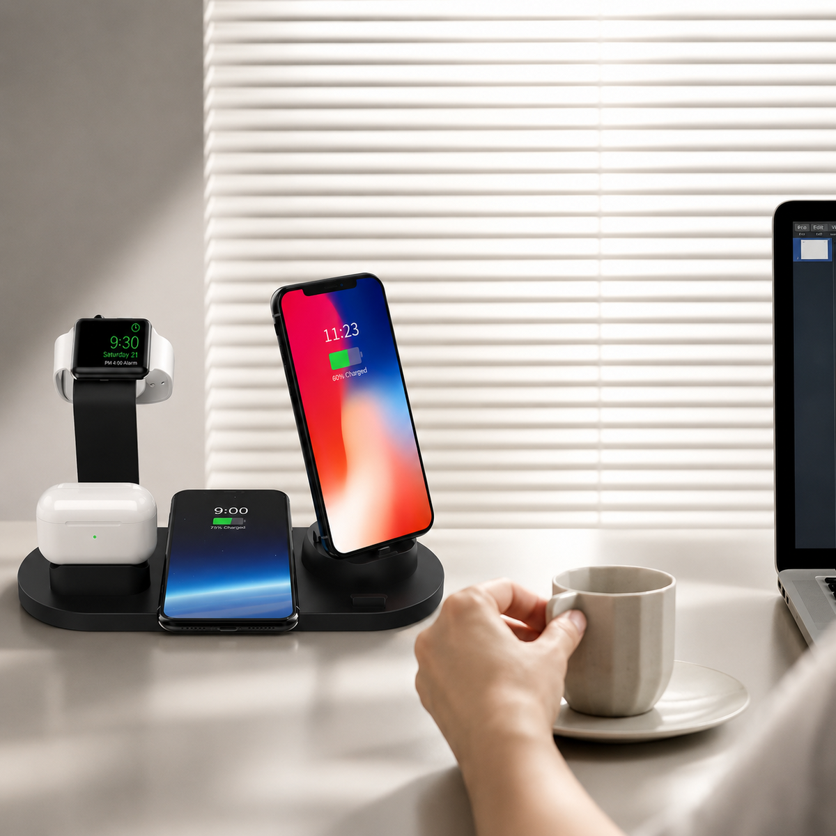 Premium 7-in-1 Wireless Charging Station Qi Charger Dock Multi Device Charging USB Type C Fast Charging Stand Smart Charging iPhone Compatible