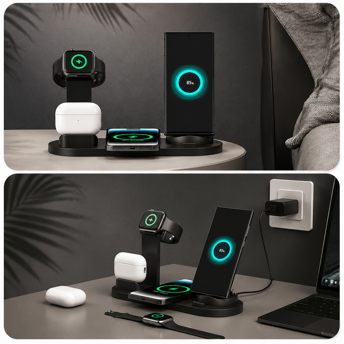 Premium 7-in-1 Wireless Charging Station Qi Charger Dock Multi Device Charging USB Type C Fast Charging Stand Smart Charging iPhone Compatible