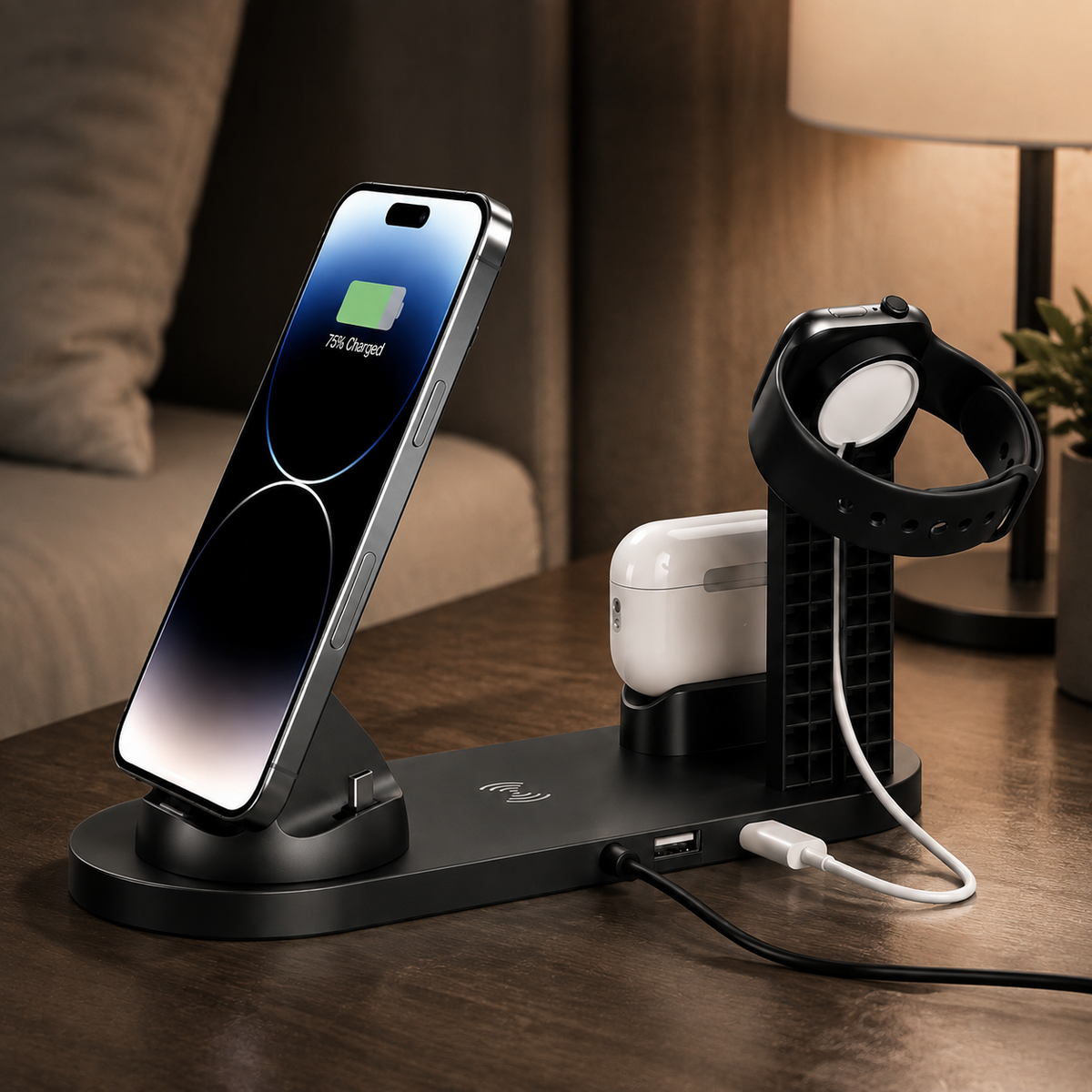 Premium 7-in-1 Wireless Charging Station Qi Charger Dock Multi Device Charging USB Type C Fast Charging Stand Smart Charging iPhone Compatible