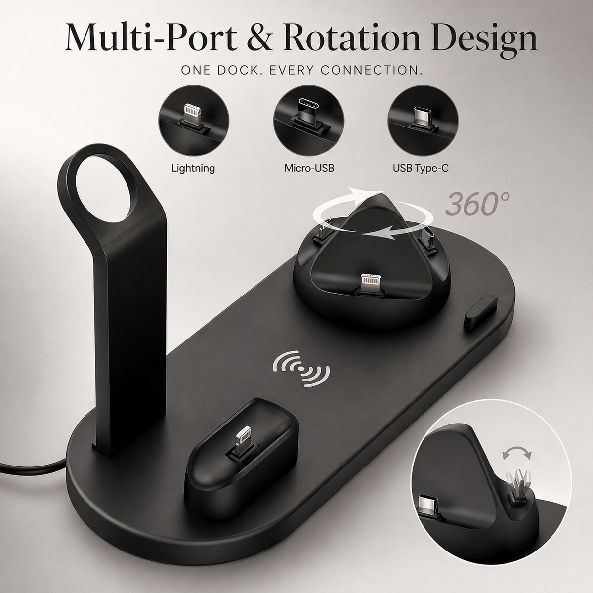 Premium 7-in-1 Wireless Charging Station Qi Charger Dock Multi Device Charging USB Type C Fast Charging Stand Smart Charging iPhone Compatible