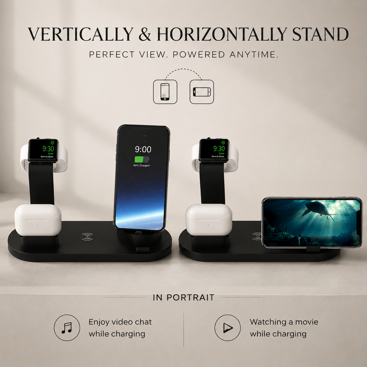 Premium 7-in-1 Wireless Charging Station Qi Charger Dock Multi Device Charging USB Type C Fast Charging Stand Smart Charging iPhone Compatible