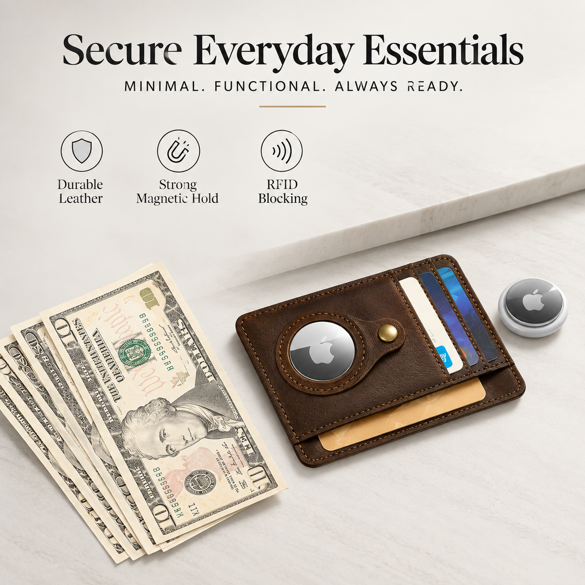 Premium AirTag Wallet Leather Card Holder RFID Blocking Slim Wallet Card Case Cash Coin Holder Scratch Resistant Compact Everyday Carry