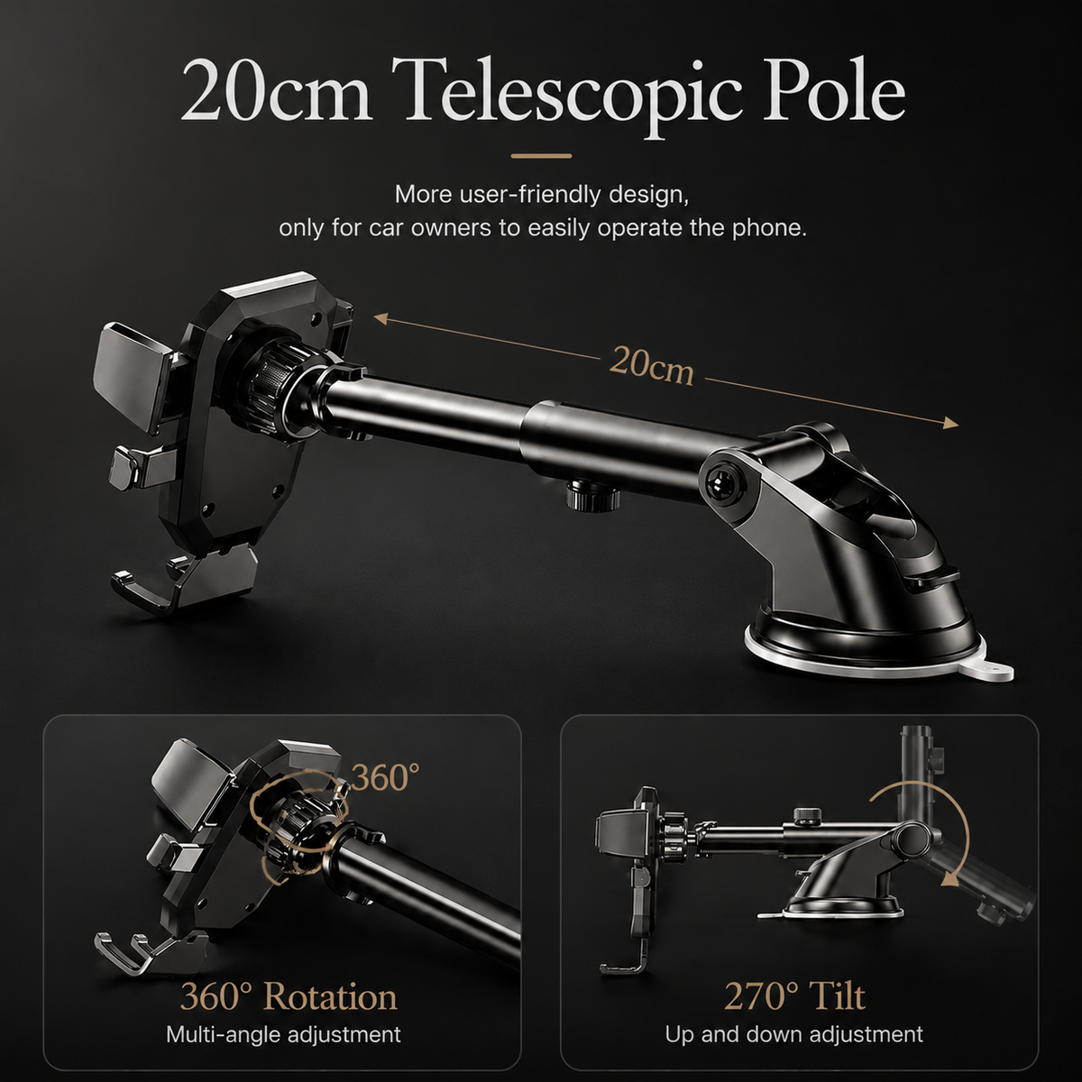 Premium Car Phone Holder Suction Cup Windshield Dashboard Phone Mount 360° Rotating Adjustable Gravity Lock Telescopic Arm Hands Free GPS Stand iPhone