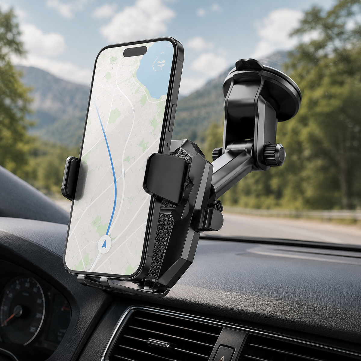 Premium Car Phone Holder Suction Cup Windshield Dashboard Phone Mount 360° Rotating Adjustable Gravity Lock Telescopic Arm Hands Free GPS Stand iPhone