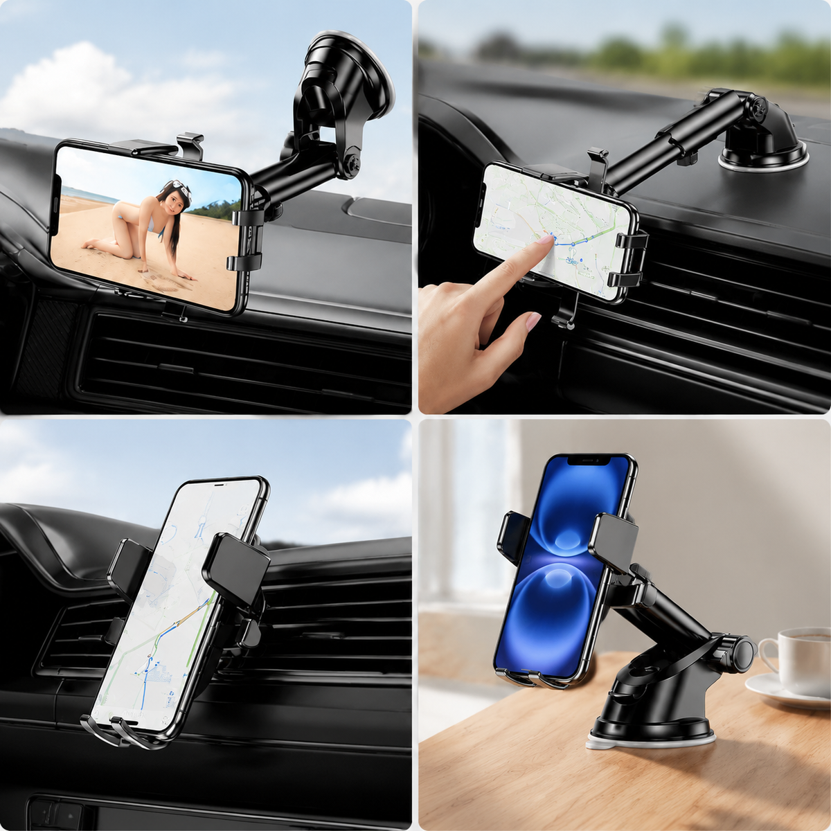 Premium Car Phone Holder Suction Cup Windshield Dashboard Phone Mount 360° Rotating Adjustable Gravity Lock Telescopic Arm Hands Free GPS Stand iPhone
