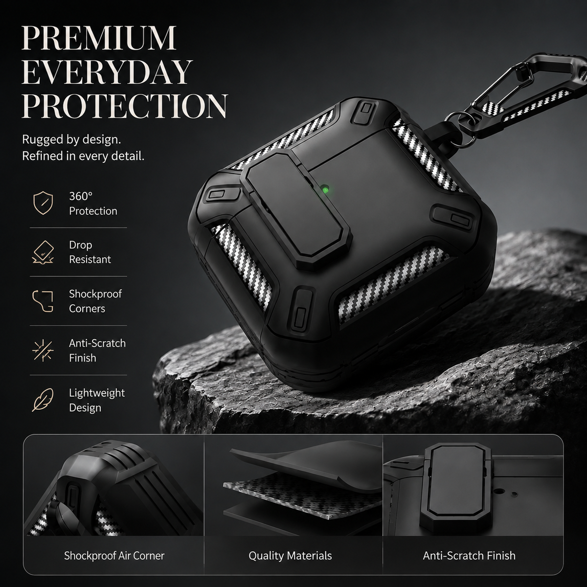 Premium Carbon Fiber AirPods Case Cover Shockproof TPU Protective Case Secure Lock Wireless Charging Anti Scratch Slim Keychain Carabiner AirPods