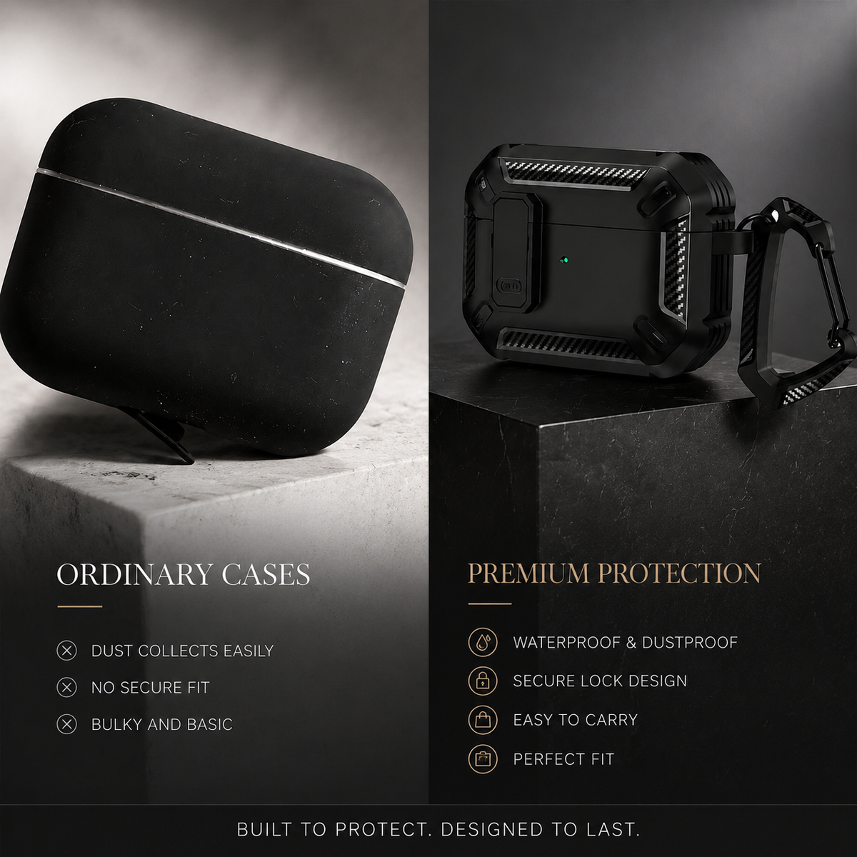 Premium Carbon Fiber AirPods Case Cover Shockproof TPU Protective Case Secure Lock Wireless Charging Anti Scratch Slim Keychain Carabiner AirPods