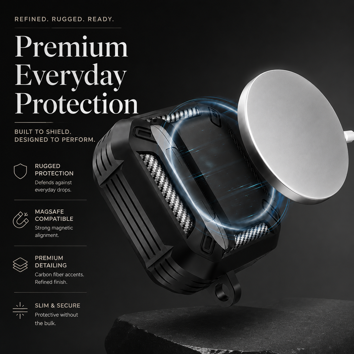 Premium Carbon Fiber AirPods Case Cover Shockproof TPU Protective Case Secure Lock Wireless Charging Anti Scratch Slim Keychain Carabiner AirPods