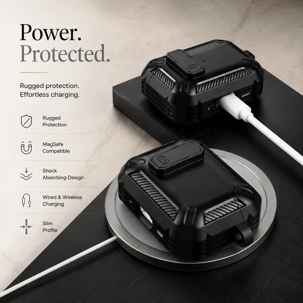 Premium Carbon Fiber AirPods Case Cover Shockproof TPU Protective Case Secure Lock Wireless Charging Anti Scratch Slim Keychain Carabiner AirPods