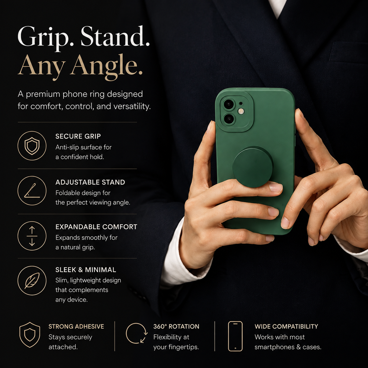 Premium Foldable Finger Ring Phone Holder Expandable Grip Stand Anti Slip Round Socket Mount Adjustable Kickstand Adhesive Smartphone Holder iPhone