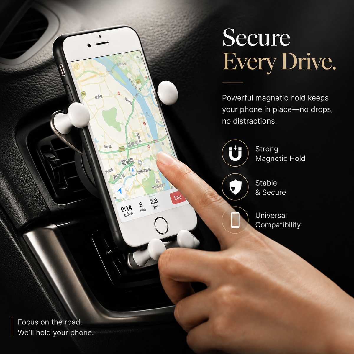 Premium Gravity Car Phone Holder Air Vent Auto Lock Smartphone Mount Hands Free GPS Stand Anti Slip Adjustable Compact Car Mount iPhone Compatible Easy