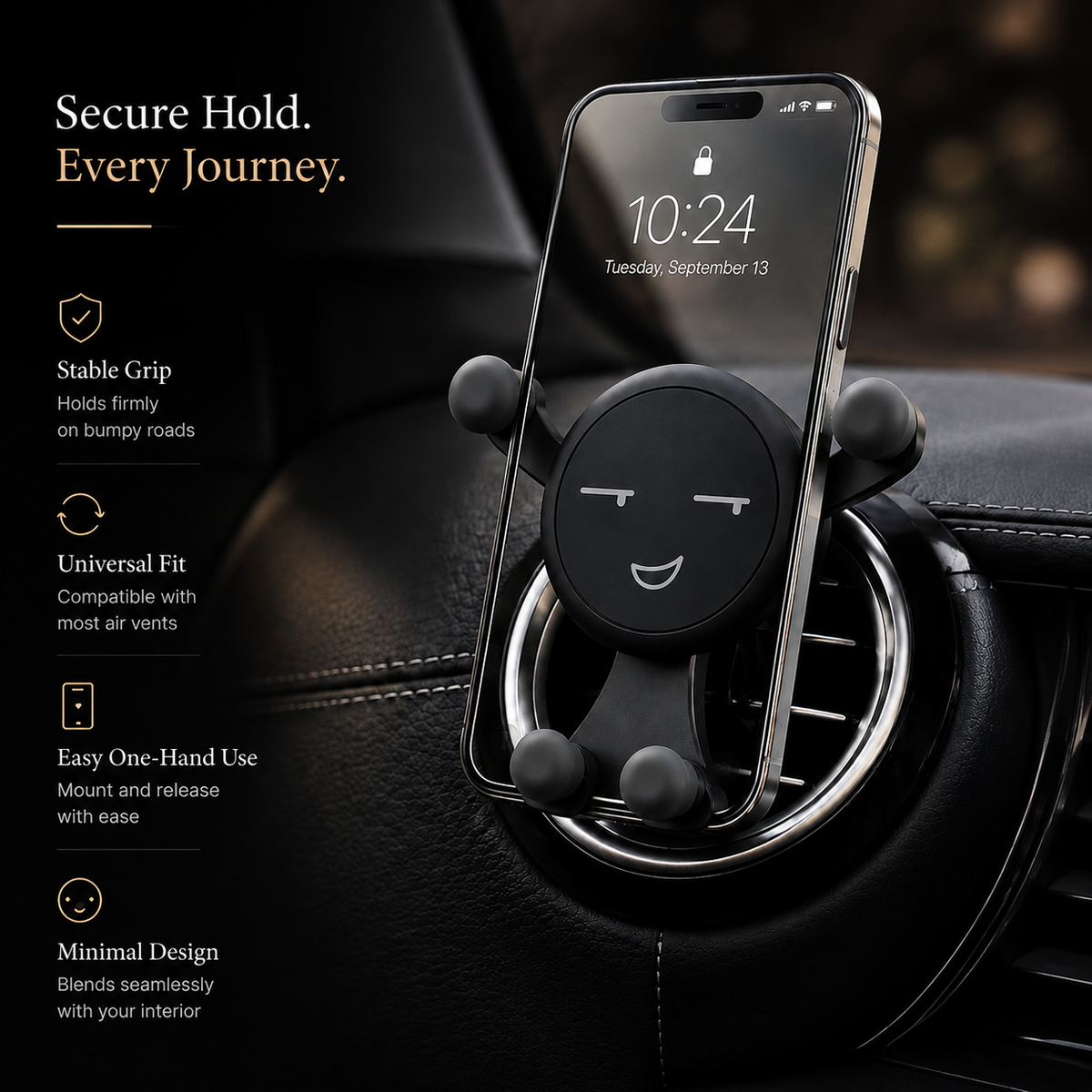 Premium Gravity Car Phone Holder Air Vent Auto Lock Smartphone Mount Hands Free GPS Stand Anti Slip Adjustable Compact Car Mount iPhone Compatible Easy