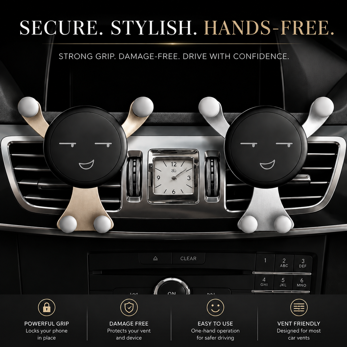 Premium Gravity Car Phone Holder Air Vent Auto Lock Smartphone Mount Hands Free GPS Stand Anti Slip Adjustable Compact Car Mount iPhone Compatible Easy