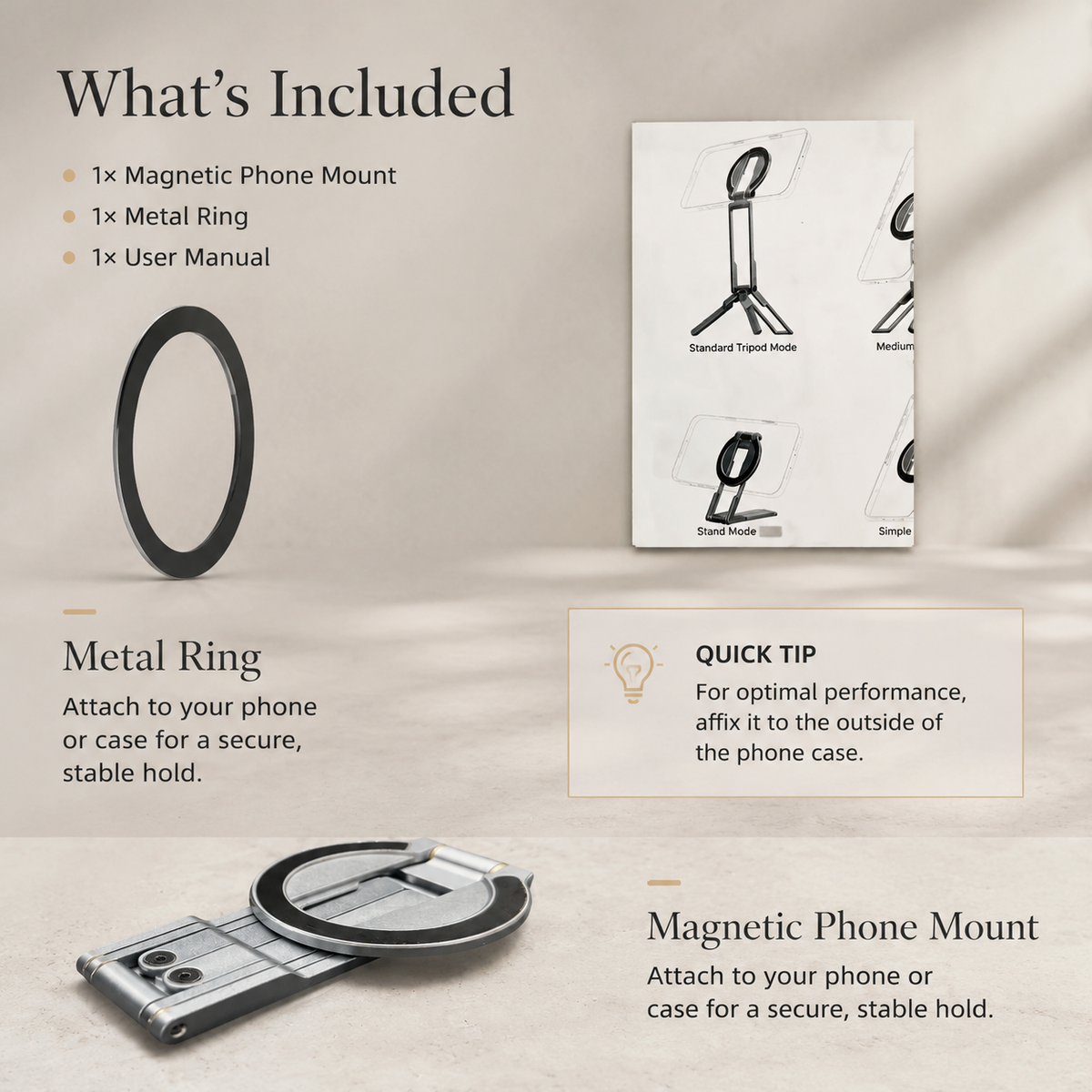 Premium MagSafe Magnetic Phone Tripod Stand Ultra-Slim Pocket Phone Holder N52 Magnetic Grip 360° Adjustable Stand Compatible with iPhone